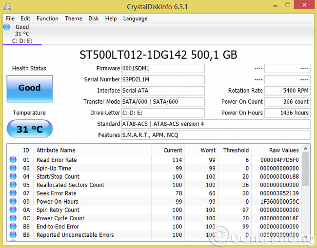 Giao diện của CrystalDiskInfo sẽ hiển thị thông tin về ổ cứng Giao diện của CrystalDiskInfo sẽ hiển thị thông tin về ổ cứng