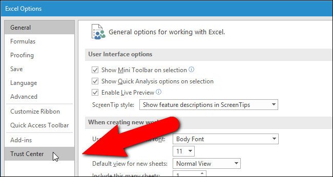 chọn Trust Center chọn Trust Center