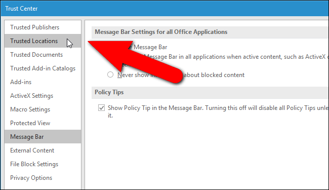 chọn Trusted Locations chọn Trusted Locations