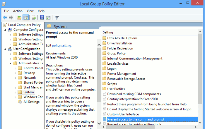 chọn Prevent access to the command prompt