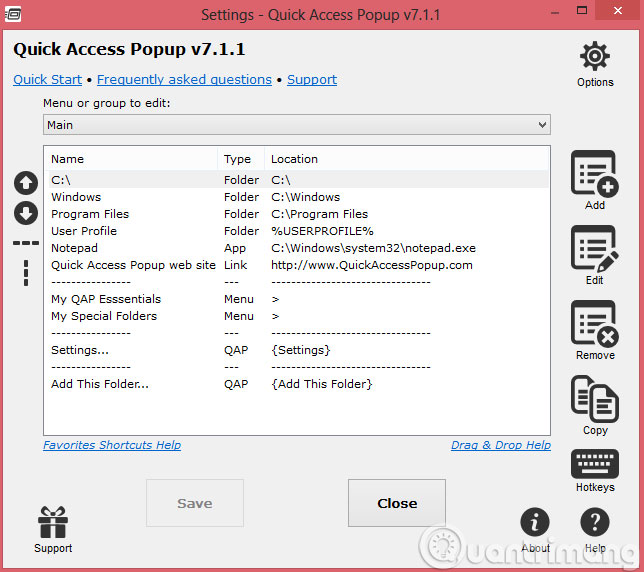 Các công cụ tùy chỉnh Quick Access Popup