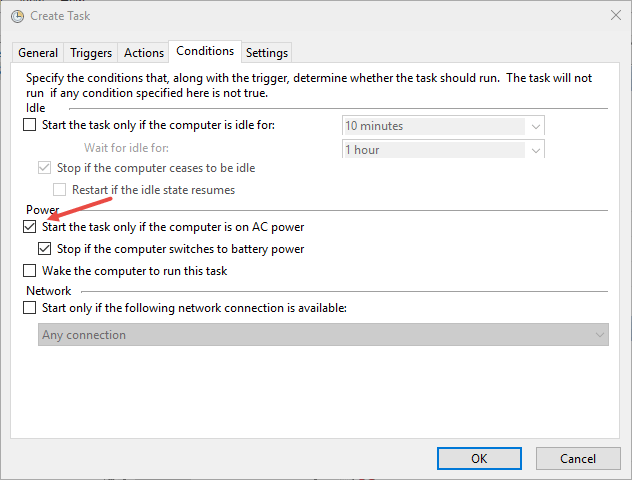 Start the task only if the computer is on AC power