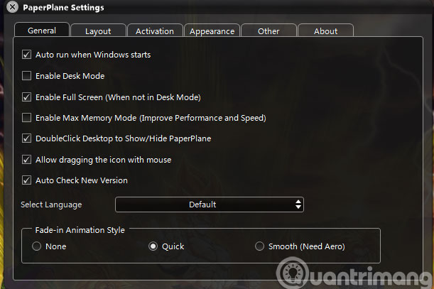 Các tùy chọn Settings Các tùy chọn Settings