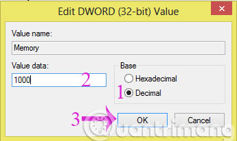 Điền giá trị dung lượng Ram vào Value data 