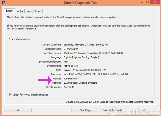 Xem dung lượng Ram