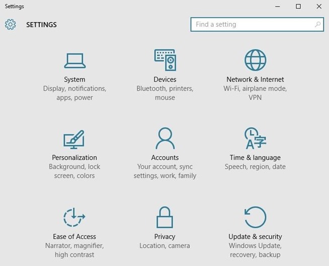  trình đơn Settings