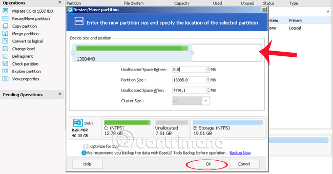 Thay đổi kích thước, di chuyển phân vùng ô cứng