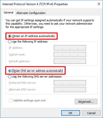  chọn Obtain an IP address automatically