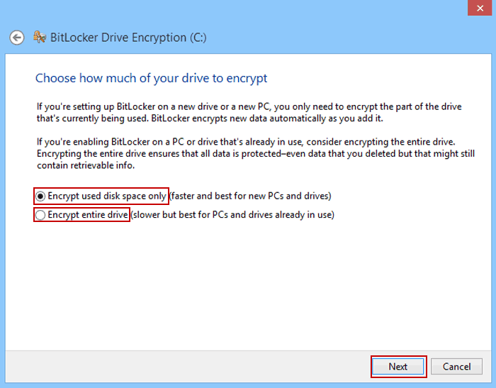 Chọn Encrypt used disk space only  Chọn Encrypt used disk space only