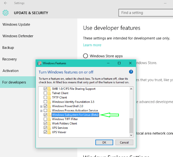 chọn Windows Subsystem for Linux (Beta) chọn Windows Subsystem for Linux (Beta)
