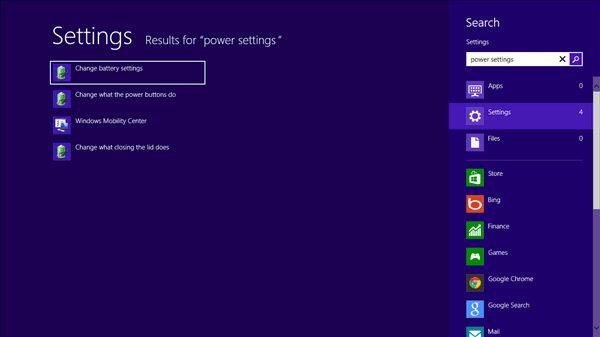nhập power settings vào khung Search trên Start Screen