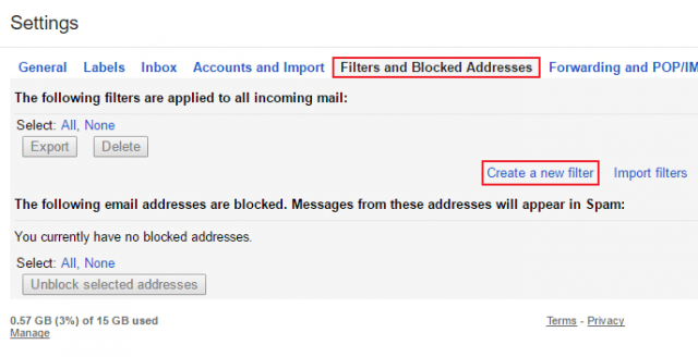 Chọn Create a new filter