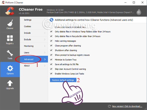 Hướng dẫn khôi phục cài đặt gốc cho CCleaner
