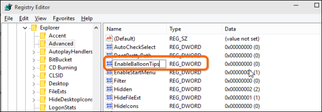 Đặt tên cho key mới này là EnableBalloonTips Đặt tên cho key mới này là EnableBalloonTips