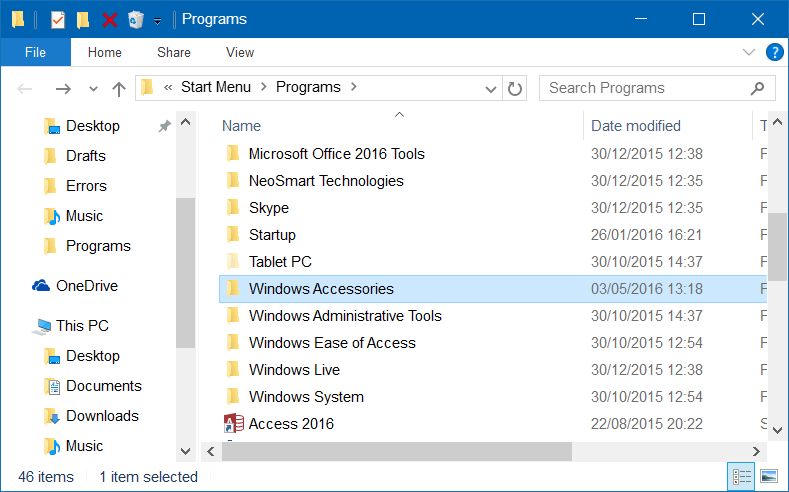 Sửa lỗi thiếu Accessories trên Start Menu Windows 10