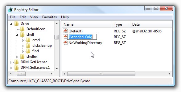 Đổi tên key "Extended" ở khung bên phải thành một tên bất kỳ Đổi tên key "Extended" ở khung bên phải thành một tên bất kỳ