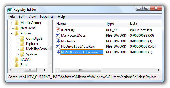 đặt tên cho value này là NoNetConnectDisconnect