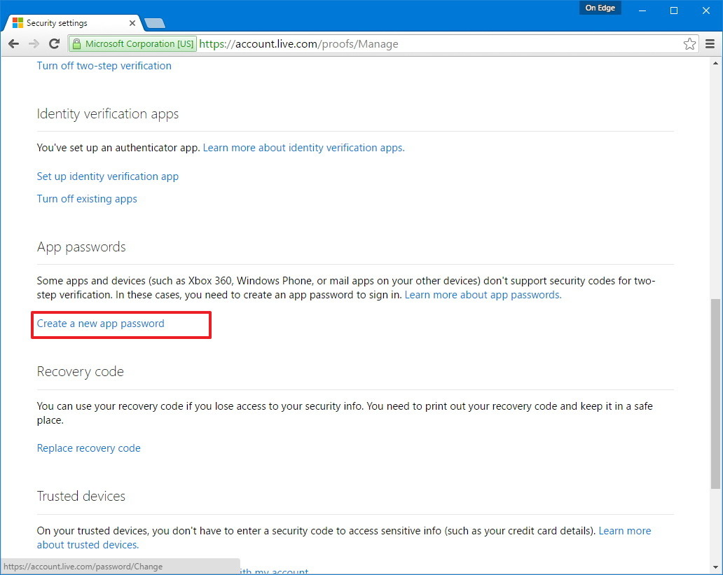chọn liên kết Create a new app password chọn liên kết Create a new app password