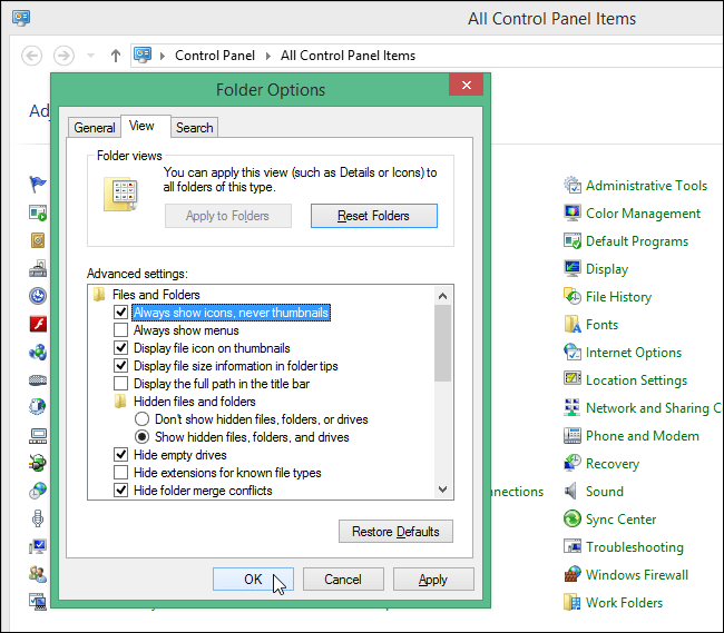 chọn Always show icons, never thumbnails