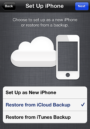 chọn Restore from iCloud Backup