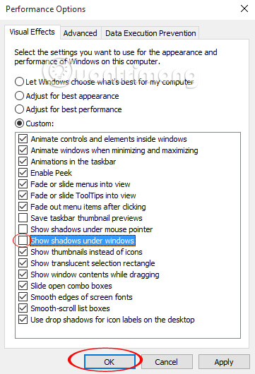 Tắt tính năng đổ bóng cửa sổ trên Windows 10