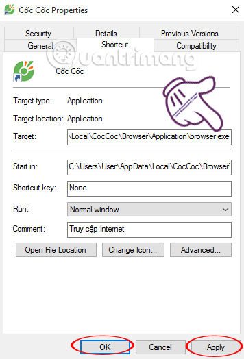 Xóa chữ --no-sandbox Sửa lỗi Cốc Cốc không vào được mạng