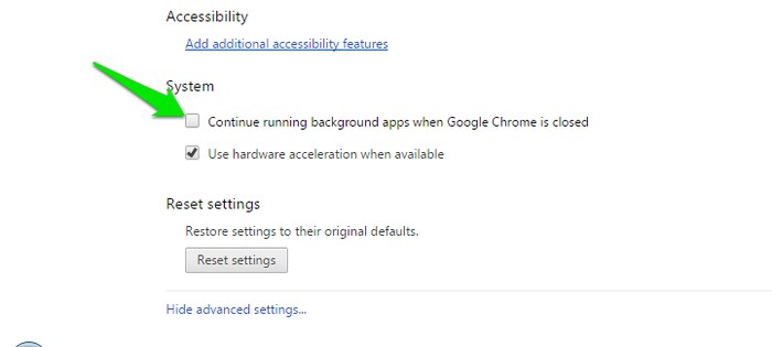 bỏ chọn tùy chọn Continue running background apps when Google Chrome is closed