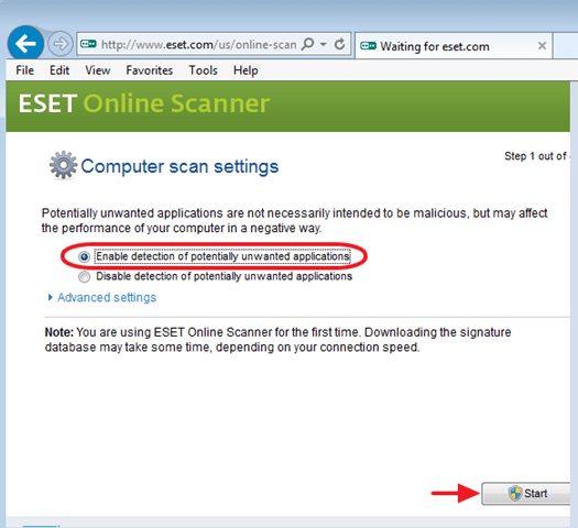 chọn Enable detection of potentially unwanted applications rồi click chọn Start