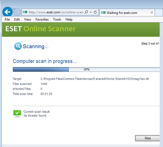 chờ ESET Online scanner quét và loai bỏ các mối đe dọa khỏi máy tính của bạn