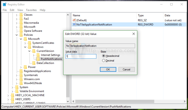 đặt tên cho giá trị này là NoTileApplicationNotification