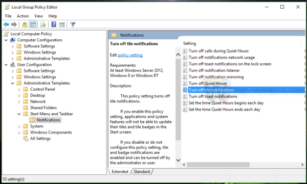 kích đúp chuột vào tùy chọn Turn off tile notifications