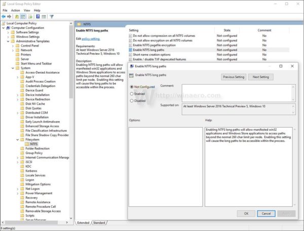 tìm và kích hoạt tùy chọn Enable NTFS long paths. tìm và kích hoạt tùy chọn Enable NTFS long paths.
