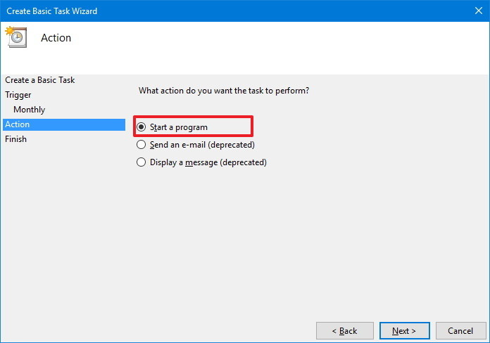 Tại mục Action, bạn chọn Start a program Tại mục Action, bạn chọn Start a program