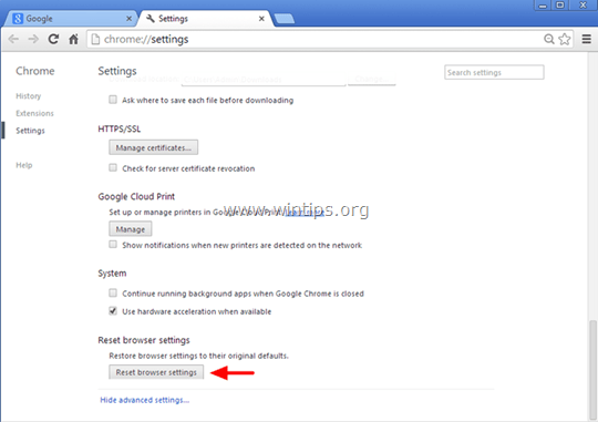 chọn nút Reset Browser Settings