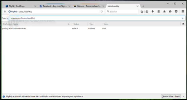 Nhập privacy.userContext.enabled vào khung Filter