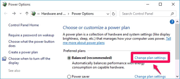 chọn link Change advanced power settings