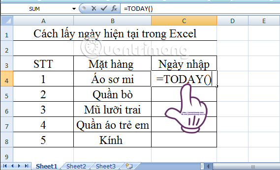 cách lấy ngày hiện tại trong Excel