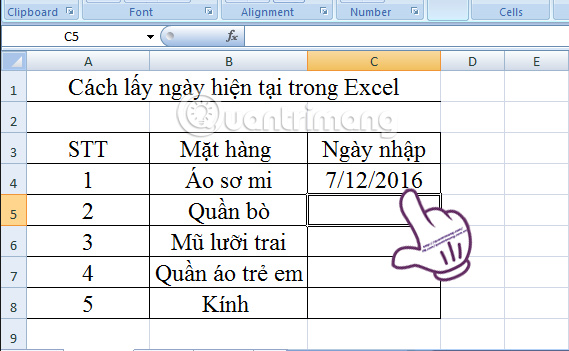 cách lấy ngày hiện tại trong Excel