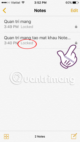 Instructions on how to set a Notes password on iOS 9.3