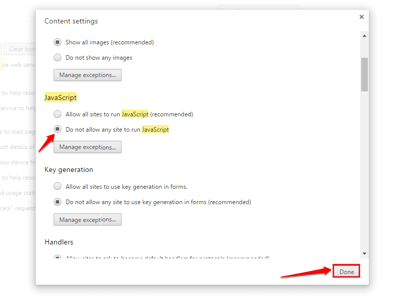 click chọn tùy chọn Do not allow any site to run JavaScript