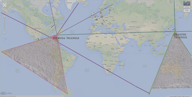 Vị trí đối xứng của Tam giác Rồng với Tam giác Bermuda.  Vị trí đối xứng của Tam giác Rồng với Tam giác Bermuda.