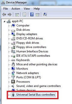 click chọn Universal Serial Bus Controllers (USB)