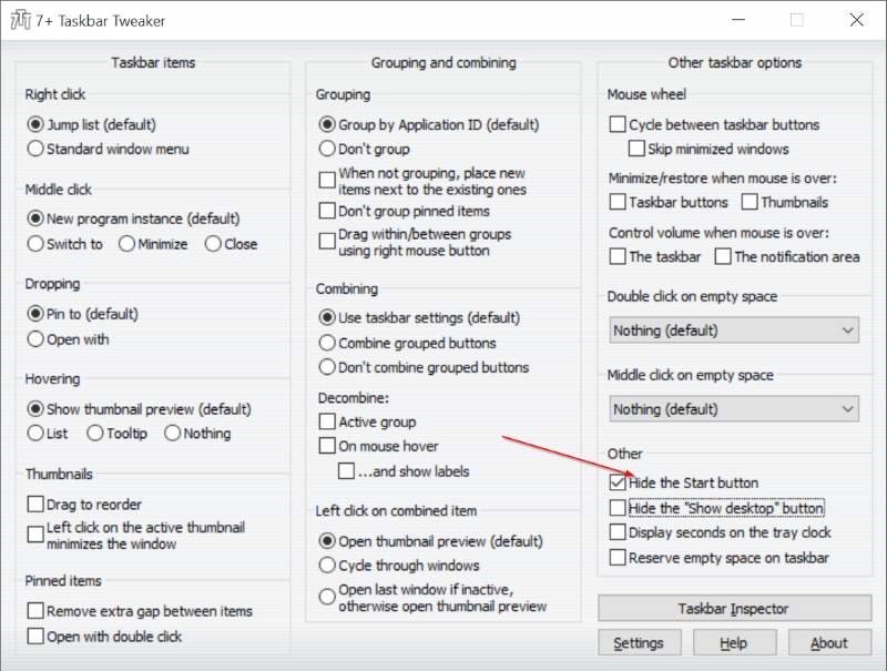 chọn Hide the Start button  chọn Hide the Start button