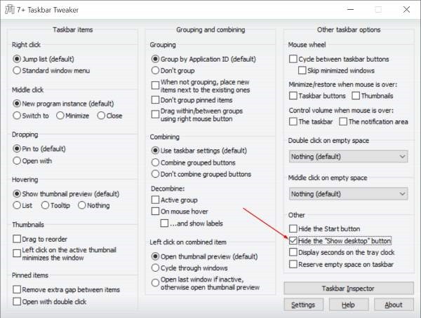 chọn Hide the show desktop button chọn Hide the show desktop button