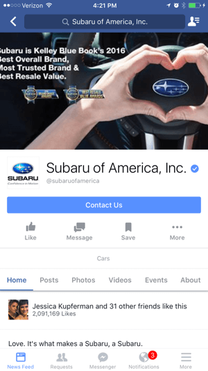 Facebook Page của Subaru khi xem trên điện thoại
