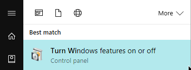 nhập “Turn Windows features on or off” vào khung Search trên Start Menu