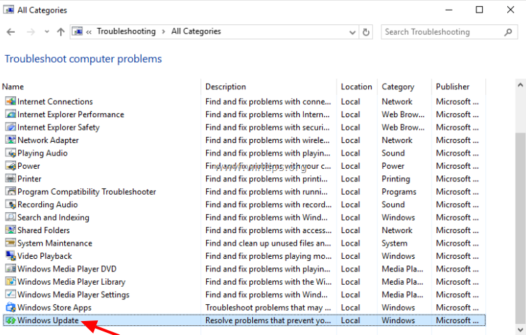chọn Windows Update troubleshooter từ danh sách