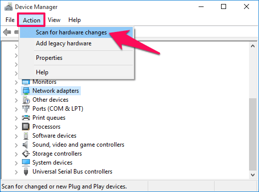 click lựa chọn kích hoạt rồi lựa chọn tùy lựa chọn mang tên “Scan for hardware changes”