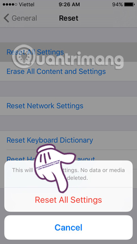 Xác nhận reset All settings  lỗi iPhone không đổ chuông