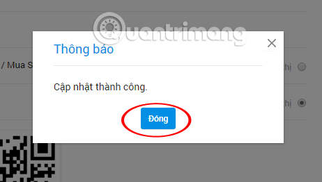 Thông báo cập nhật thành công. Nhấn Đóng.